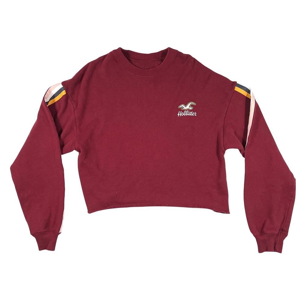 Hollister XS Burgundy Cropped Sweatshirt Striped Sleeve Retro Y2K Athleisure EUC